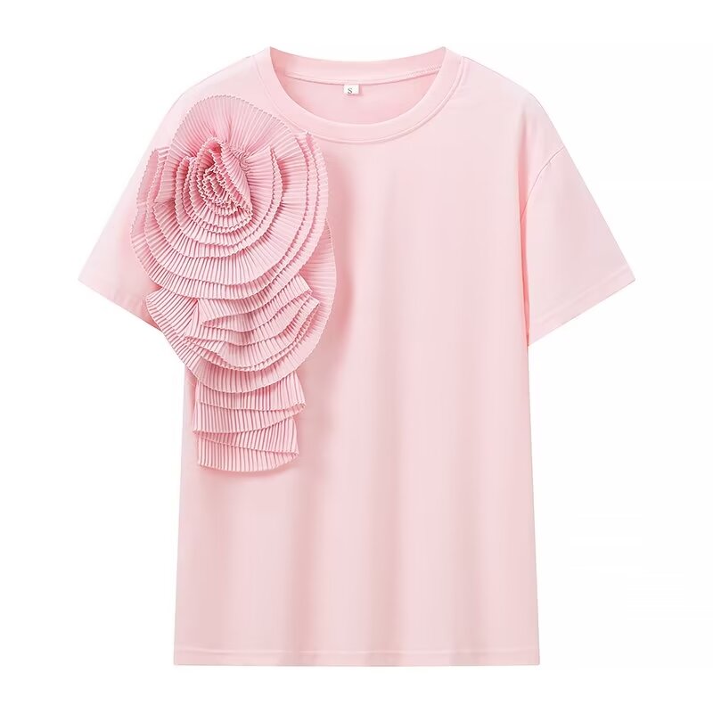 Spring Women Three Dimensional Floral Solid Color Round Neck Short Sleeves T Shirt