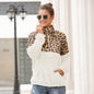 Zipper Collared Double-Sided Velvet Leopard Splicing Sweater for Women