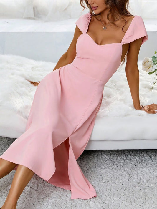 Spring Women Clothing Simple Square Collar Back Elastic Pink Dress