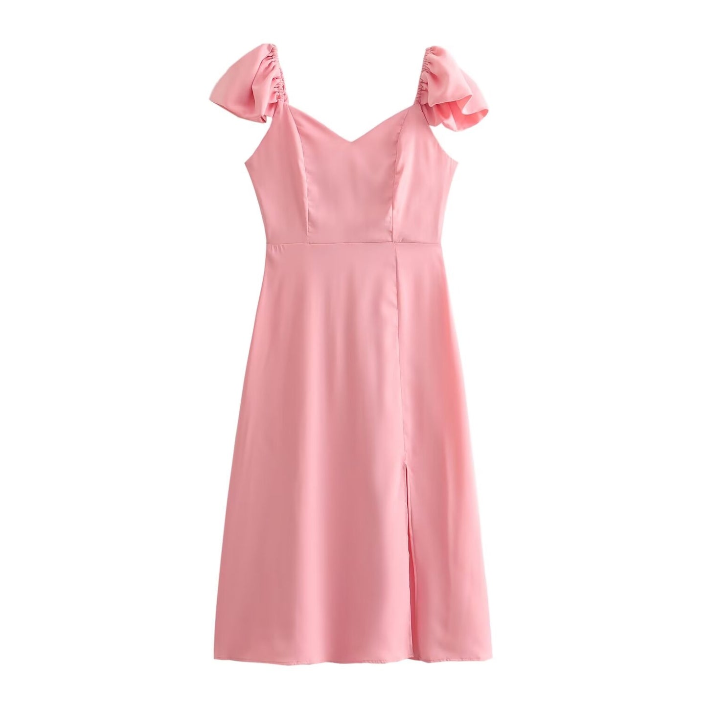 Spring Women Clothing Simple Square Collar Back Elastic Pink Dress