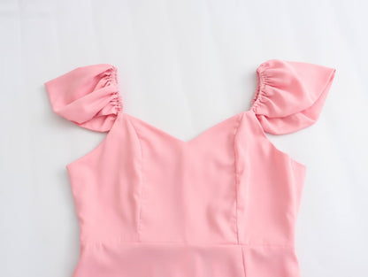 Spring Women Clothing Simple Square Collar Back Elastic Pink Dress