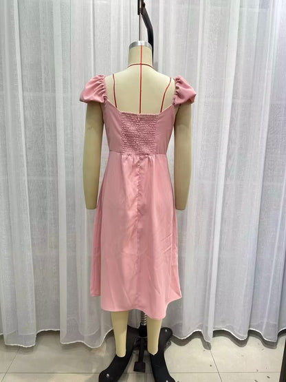 Spring Women Clothing Simple Square Collar Back Elastic Pink Dress