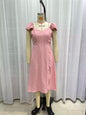 Spring Women Clothing Simple Square Collar Back Elastic Pink Dress