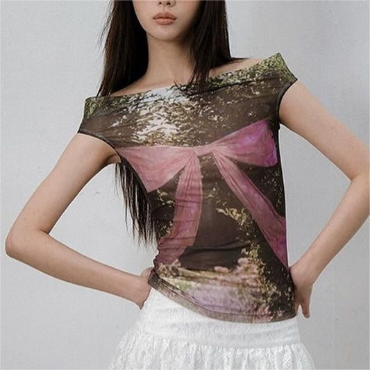 High Street Sexy Bow Printed Mesh off Neck Sleeveless Top Women All Match