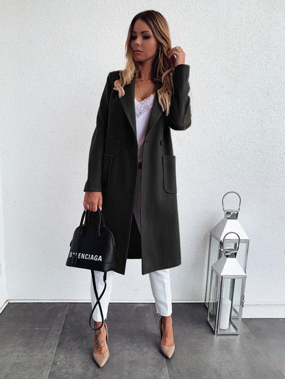 Popular Autumn Winter Solid Color Long Sleeve Double Pocket Collar Woolen Coat For Women Plus Size