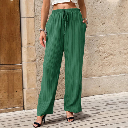 Summer Women Solid Color Pleated Straight Casual Pants