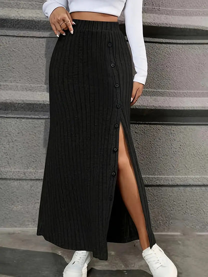 Women Clothing Knitted Dress Sunken Stripe Slit Fastener Decoration Sheath Skirt for Women