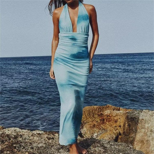 Women Clothing Summer Sexy Blue Sleeveless Halter Self Tie Dress