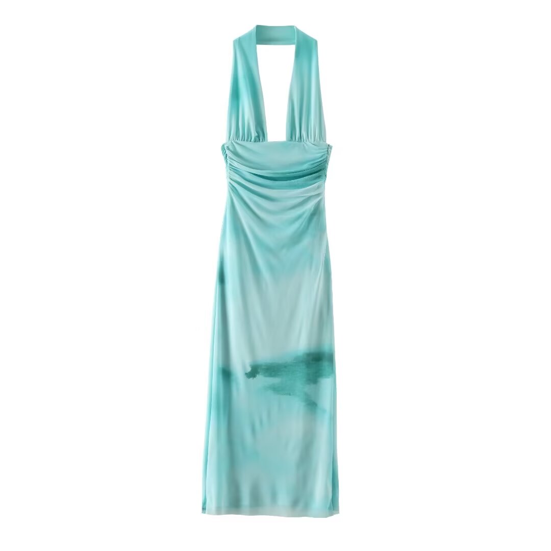 Women Clothing Summer Sexy Blue Sleeveless Halter Self Tie Dress