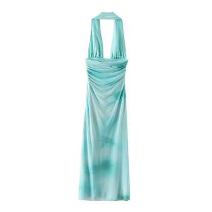 Women Clothing Summer Sexy Blue Sleeveless Halter Self Tie Dress