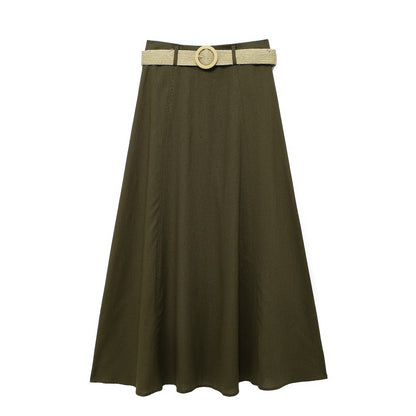 Spring With Belt Linen Blend Cloak Midi Skirt