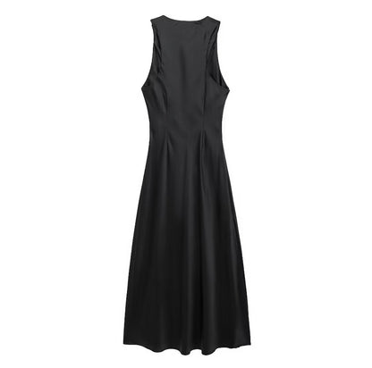 Summer Women Clothing Slim Silk Satin Texture Midi Dress