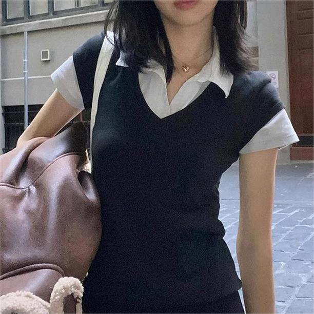 Summer Women Clothing Contrast Color Stitching Design All Matching Slim Fit Office Top Women