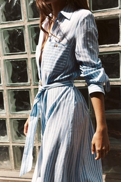 Women Clothing Spring Striped Shirt Long Sleeve Dress