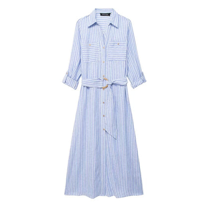 Women Clothing Spring Striped Shirt Long Sleeve Dress