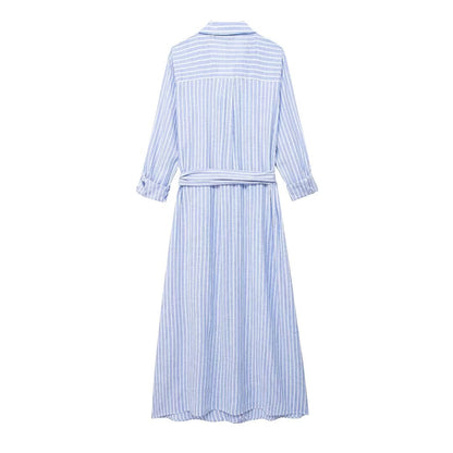 Women Clothing Spring Striped Shirt Long Sleeve Dress