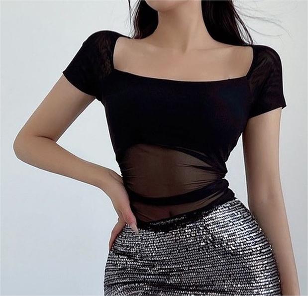 Women Clothing Summer Solid Color Mesh See Through Stitching Short Sleeve Bottoming Top