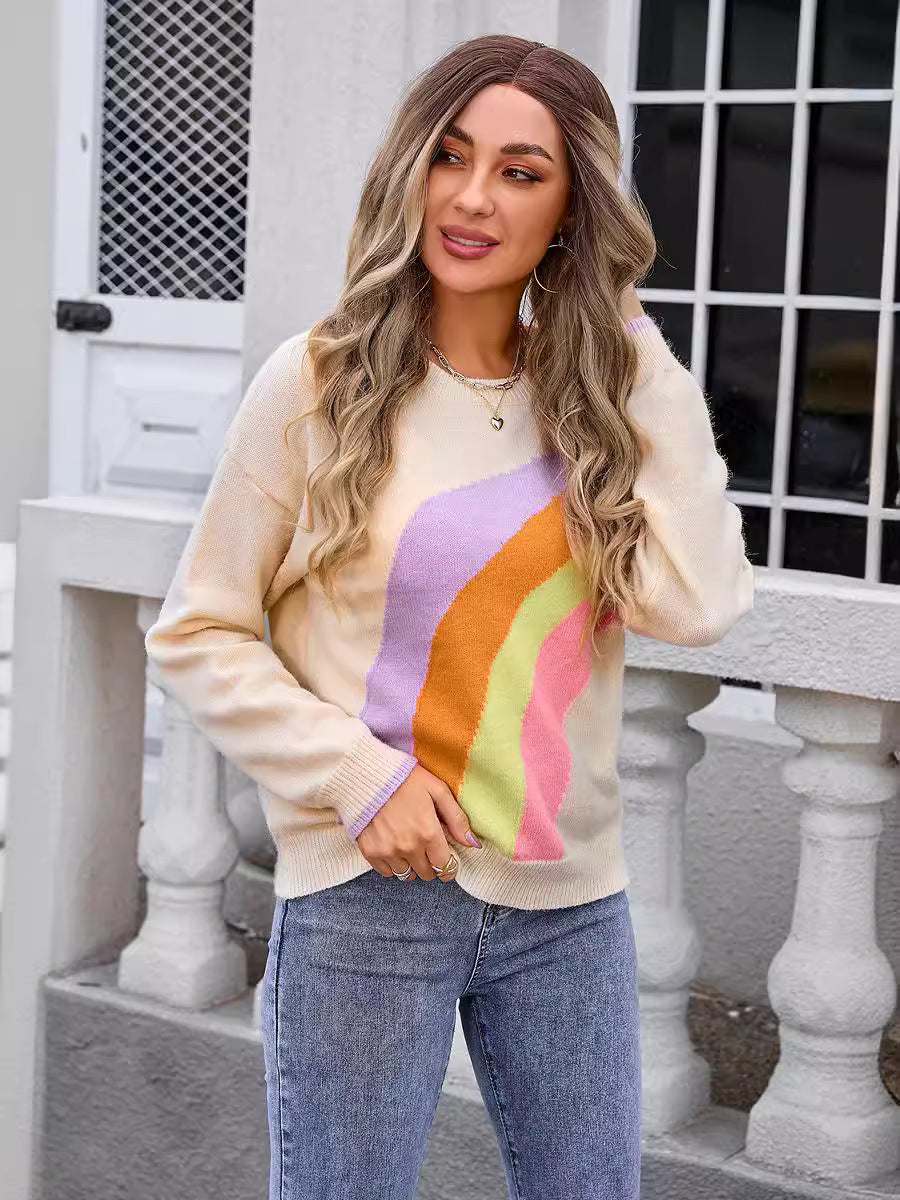 Autumn Women Clothing Stitching Rainbow Stripe Net Red Seller Sweater Sweater Women