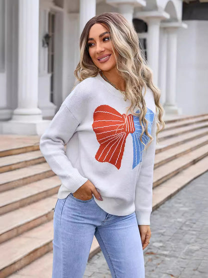 Autumn Winter Sweater Women Sweater Bow Color Matching Sweater Women