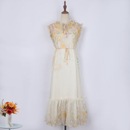 Elegant Three Dimensional Flower Printed dress Lace Up Elegant Fresh Vacation Dress Sling