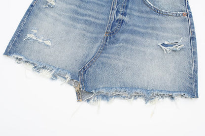 Women Clothing Spring Summer All Match Ripped Rough Selvedge Decoration Denim Short Skirt