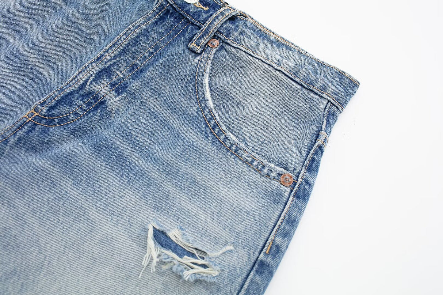 Women Clothing Spring Summer All Match Ripped Rough Selvedge Decoration Denim Short Skirt