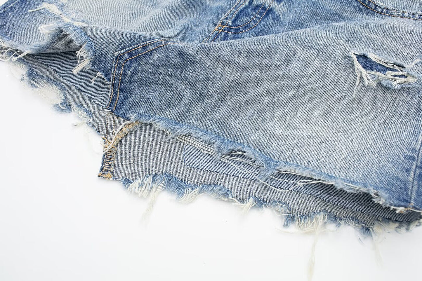 Women Clothing Spring Summer All Match Ripped Rough Selvedge Decoration Denim Short Skirt