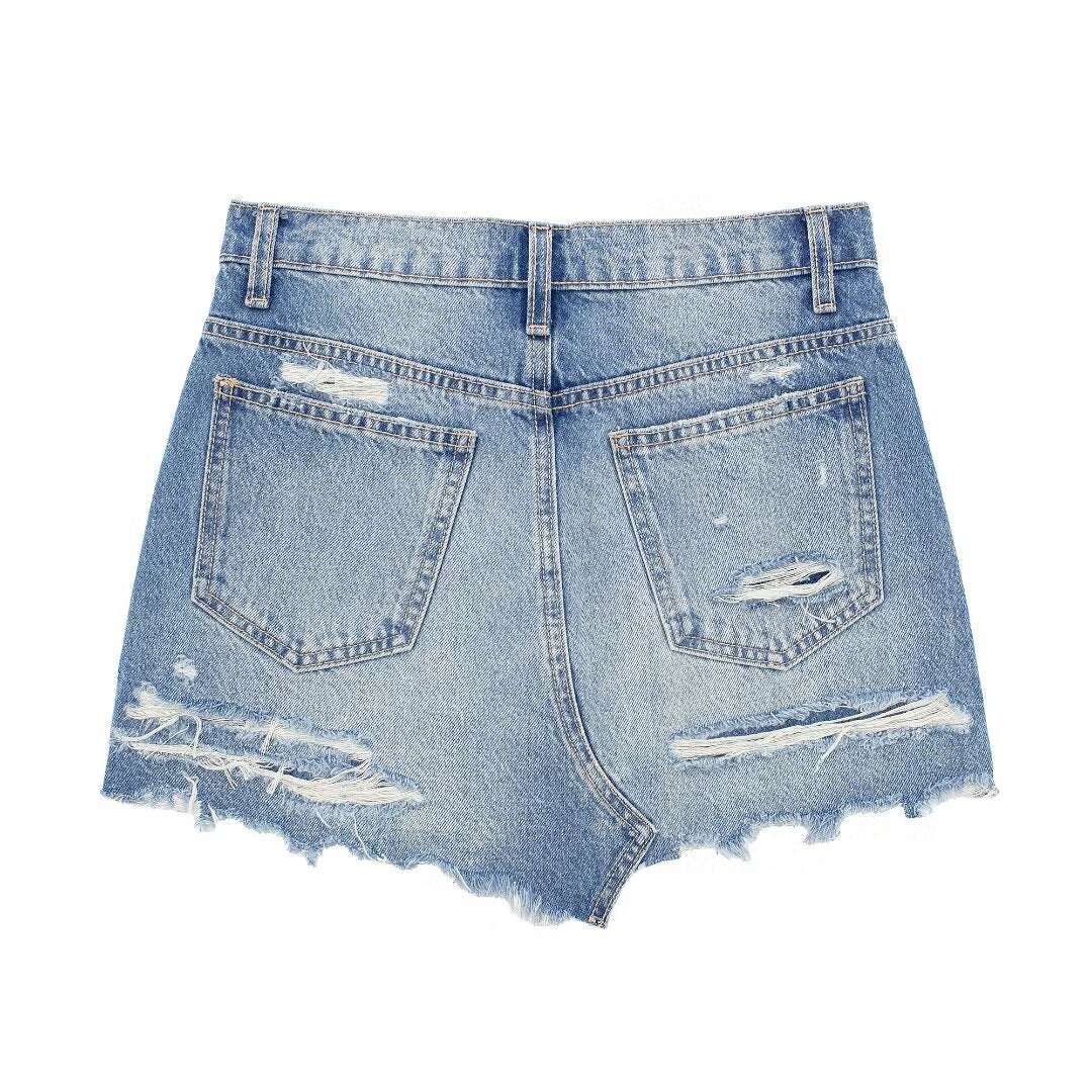 Women Clothing Spring Summer All Match Ripped Rough Selvedge Decoration Denim Short Skirt