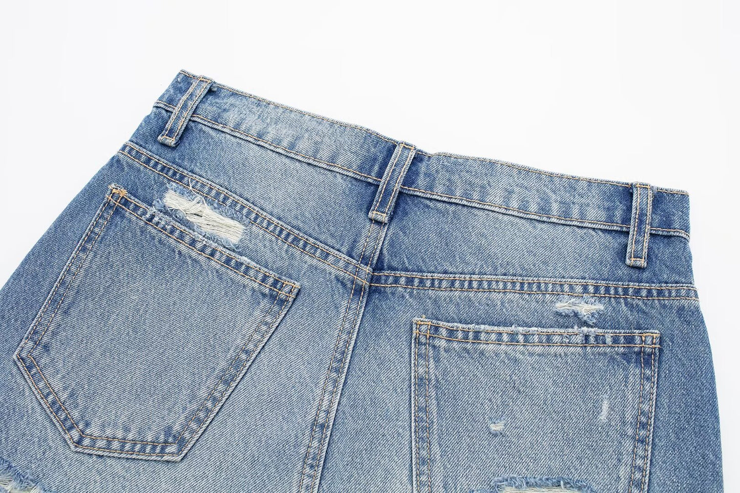 Women Clothing Spring Summer All Match Ripped Rough Selvedge Decoration Denim Short Skirt