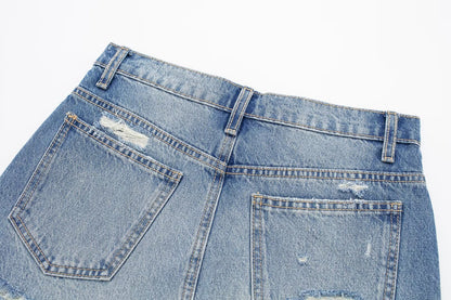 Women Clothing Spring Summer All Match Ripped Rough Selvedge Decoration Denim Short Skirt