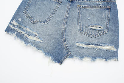 Women Clothing Spring Summer All Match Ripped Rough Selvedge Decoration Denim Short Skirt