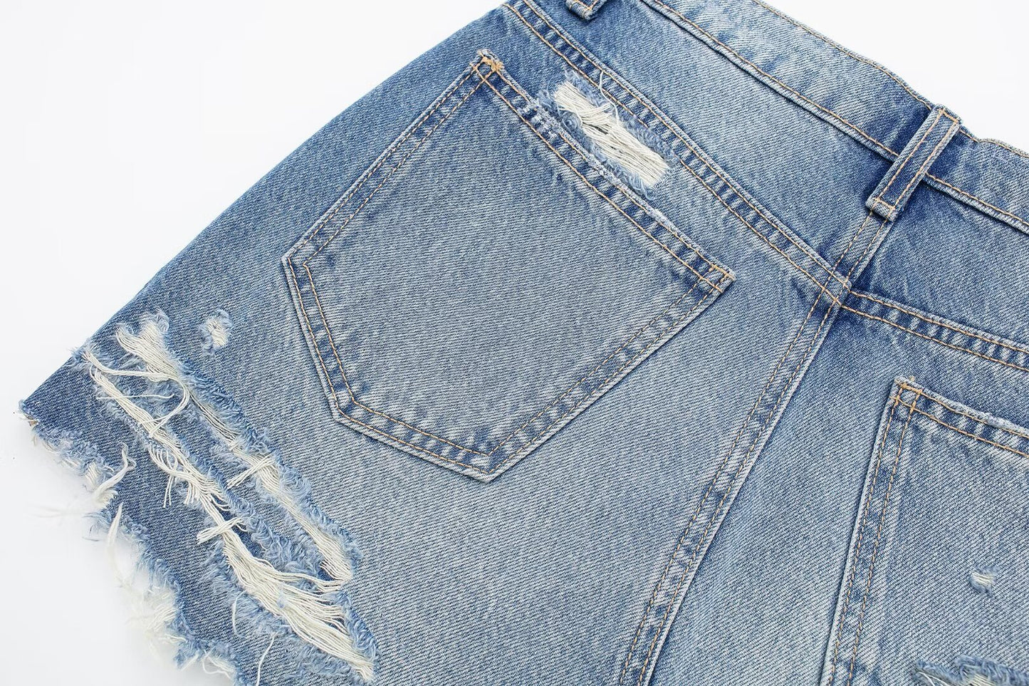 Women Clothing Spring Summer All Match Ripped Rough Selvedge Decoration Denim Short Skirt