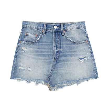 Women Clothing Spring Summer All Match Ripped Rough Selvedge Decoration Denim Short Skirt