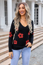 Women Sweater V neck Long Sleeve Floral Sweater