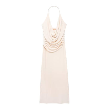 Women Clothing French Sexy Pleated Hanging Collar Sleeveless Maxi Dress