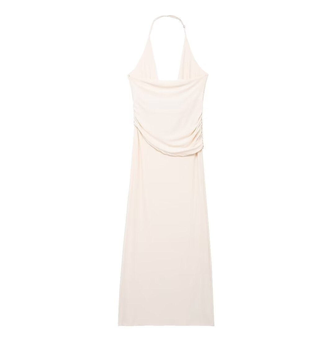 Women Clothing French Sexy Pleated Hanging Collar Sleeveless Maxi Dress