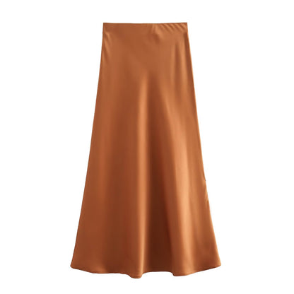 Summer Women Clothing Oblique Cut Heavy Satin Elastic Waist Long Skirt