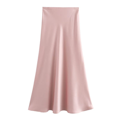 Summer Women Clothing Oblique Cut Heavy Satin Elastic Waist Long Skirt