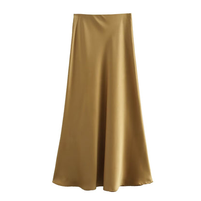 Summer Women Clothing Oblique Cut Heavy Satin Elastic Waist Long Skirt