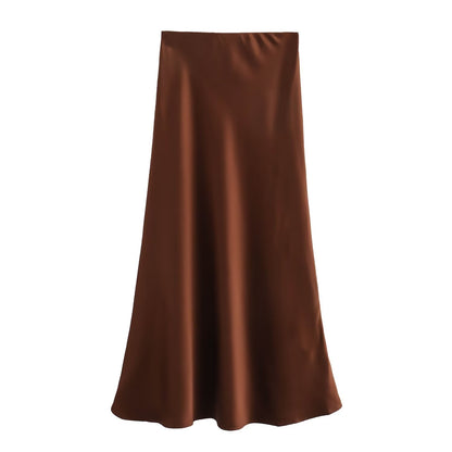 Summer Women Clothing Oblique Cut Heavy Satin Elastic Waist Long Skirt