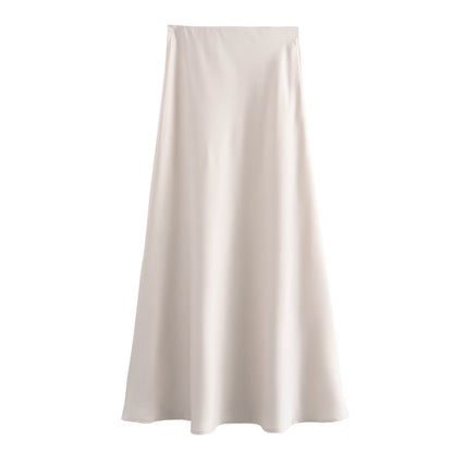 Summer Women Clothing Oblique Cut Heavy Satin Elastic Waist Long Skirt