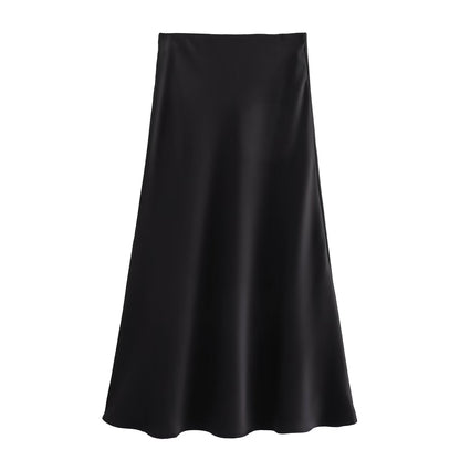 Summer Women Clothing Oblique Cut Heavy Satin Elastic Waist Long Skirt