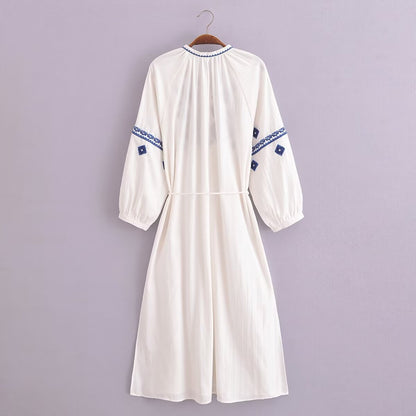 Women Summer Cotton Linen Tassel Embroidery Loose Dress