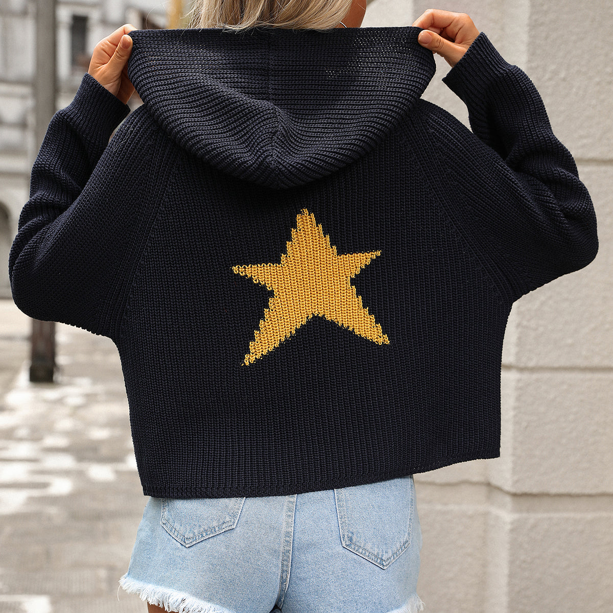 Autumn Winter Pullover Hooded Sweater Pocket Long Sleeve Five Pointed Star Office Knitted Sweater for Women