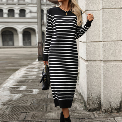 Winter Slim Fit Inter Color Women Knitwear Striped Dress Autumn Winter Dress