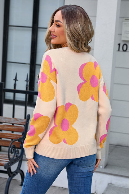 Autumn Winter Popular Women Printed Sweater round Neck Large Floral Sweater