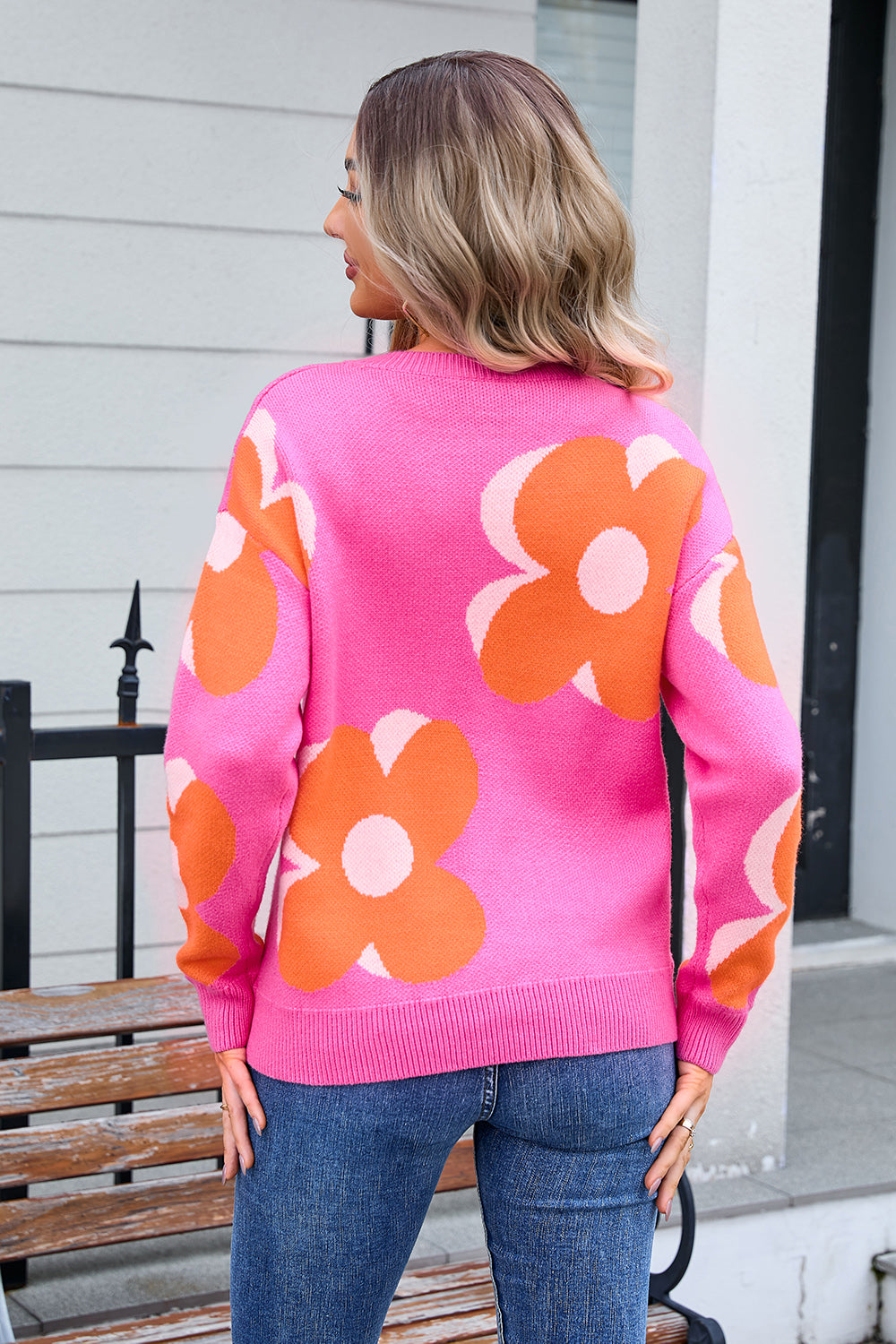 Autumn Winter Popular Women Printed Sweater round Neck Large Floral Sweater