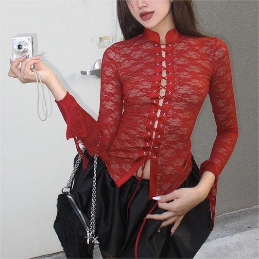 Women Clothing Summer Solid Color Lace Strap See through Slim Fit Sexy Top