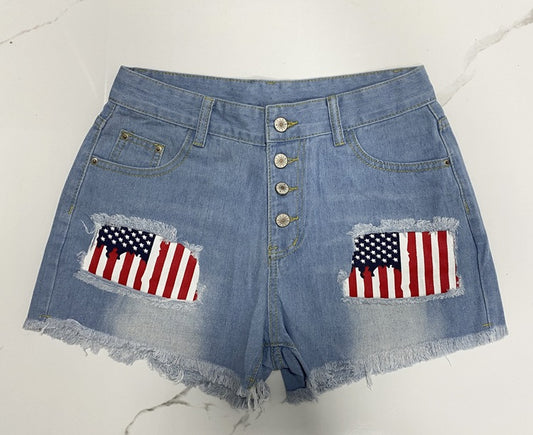 Breasted Printed Patch Denim Shorts Women Ripped Tassel Pants