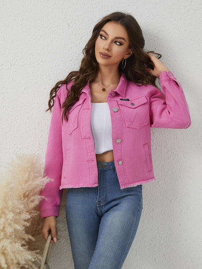 Women Pink Short Denim Coat Slimming Fashionable Spring